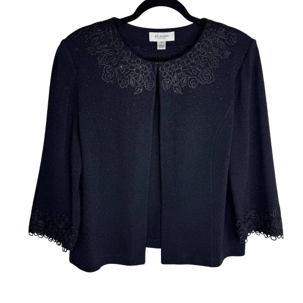 St.‎ John Evening Black Embroidered Rhinestoned Wool Blend Formal Cardigan Sz 14